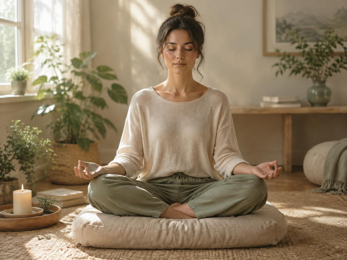 Mujer meditando en una sala cálida y luminosa
