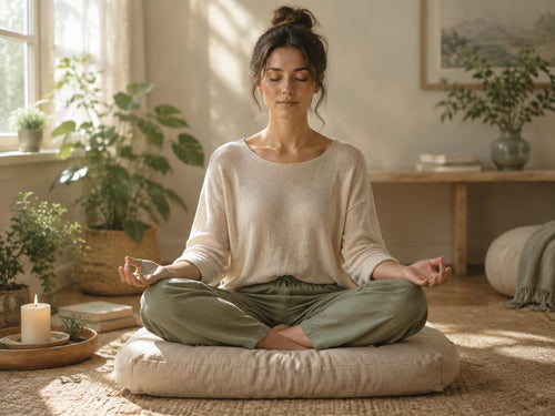 Mujer meditando en una sala cálida y luminosa