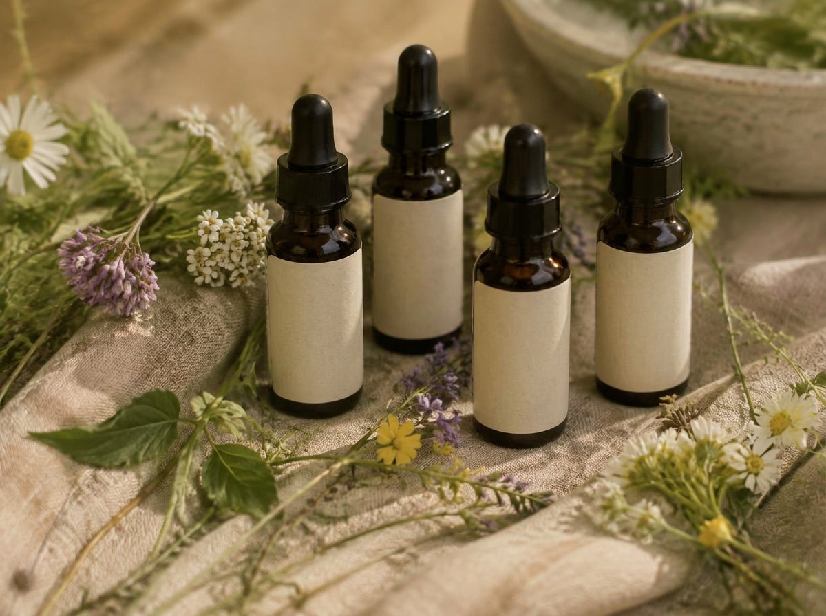 Frascos de esencias florales entre flores silvestres