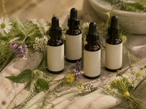Frascos de esencias florales entre flores silvestres