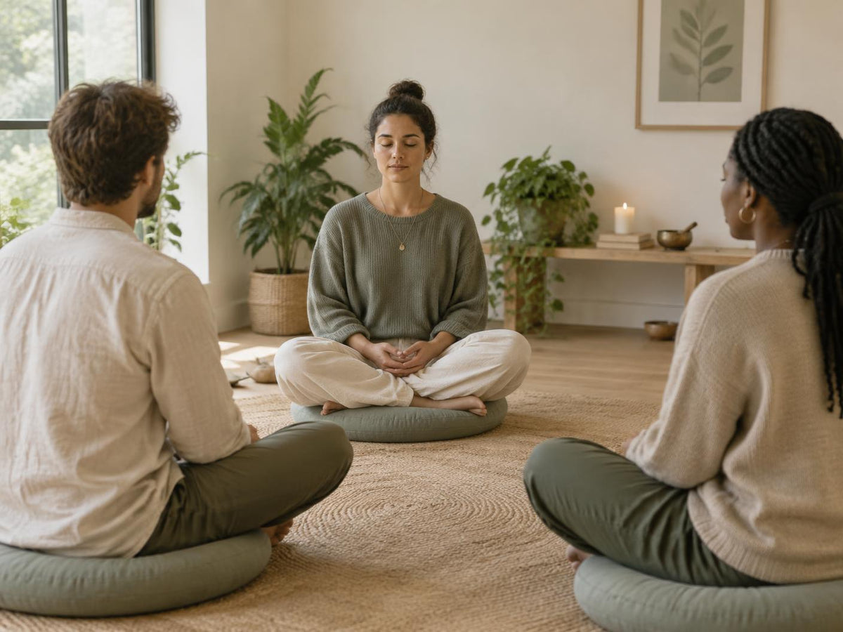Grupo meditando en círculo en un estudio cálido